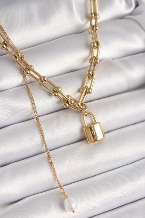 316L Çelik Gold Renk Tifany Zincir Model Kilit Figür Sallantı İnci Detay Kadın Kolye