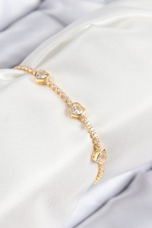 Pirinç Zirkon Taşlı Sıralı Kalp Model Gold Renk Kadın Bileklik