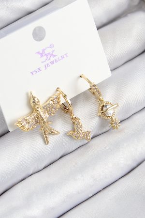 Pirinç Zirkon Taşlı 3'lü Kuş Model Gold Renk Kadın Küpe