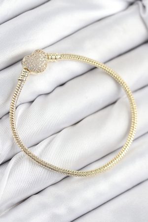 Pirinç Charm Zirkon Taşlı Kalp Model Gold Renk Kadın Bileklik