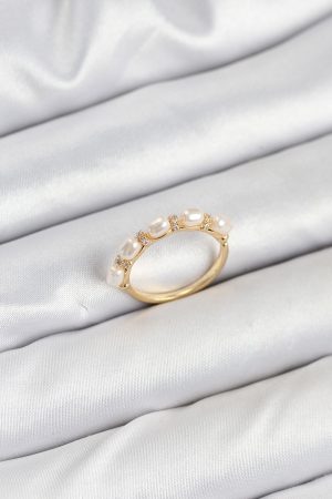 Pirinç Gold Renk Sıralı İncili Kadın Yüzük