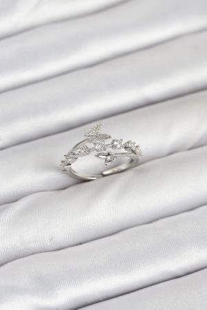 Pirinç Gümüş Renk Zirkon Taşlı Kelebek Model Kadın Yüzük