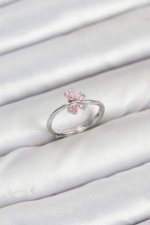 Pirinç Gümüş Renk Pembe Kelebek Kadın Yüzük