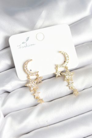 Ay ve Yıldız Model Gold Renk Pirinç Kadın Küpe