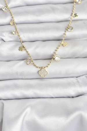 Pirinç Gold Renk Yonca Model Kadın Kolye