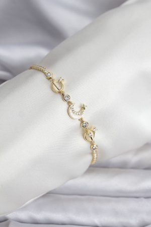 Charmlı Model Zirkon Taşlı Gold Renk Su Yolu Kadın Bileklik